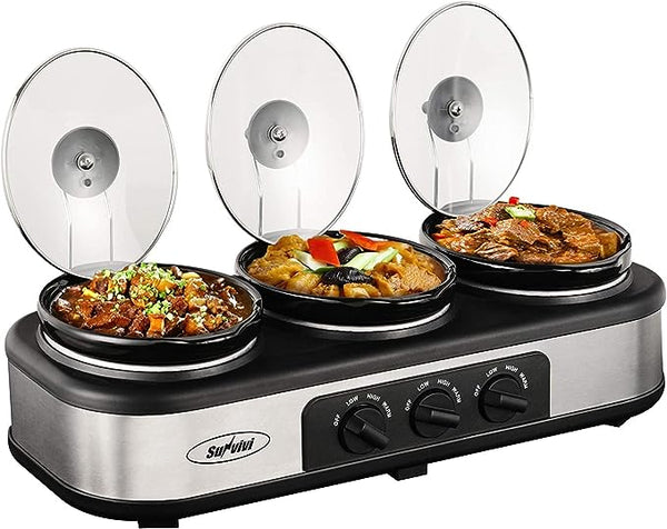 Sunvivi Slow Cooker Triple Buffet Food Warmer YDE-1121 - Black/Silver Like New