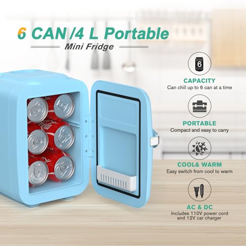 CROWNFUL MINI FRIDGE, 4 LITER/6 CAN PORTABLE COOLER TRAVEL FRIDGE - BLUE - Like New