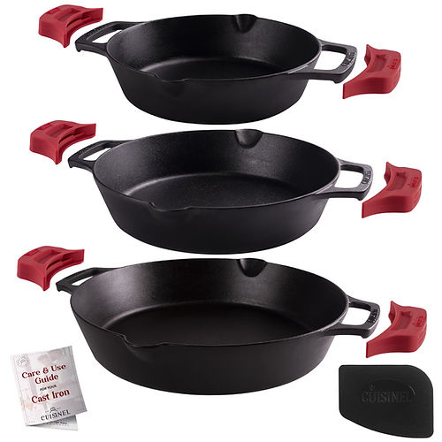 CUISINEL PRE-SEASONED CAST IRON DUAL HANDLE SKILLET 8/10/12 IN , BLACK/RED Like New