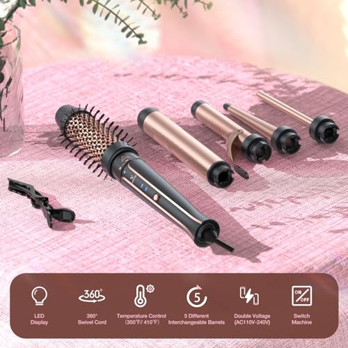 VYLTO 5 IN 1 CURLING IRON SET-INSTANT HEAT HAIR CURLING WAND CURLING BRUSH -GOLD - Like New