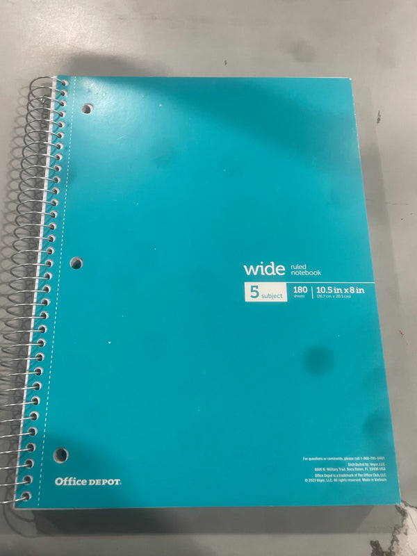 OFFICE DEPOT WIREBOUND NOTEBOOK 8" X 10-1/2", WIDE RULED, 180 SHEETS - TEAL - Like New