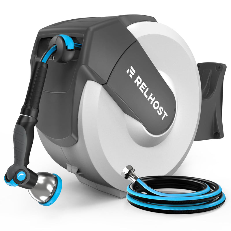 RELHOST RETRACTABLE GARDEN HOSE REEL 65 FT X 1/2 IN - WHITE & GREY - Like New