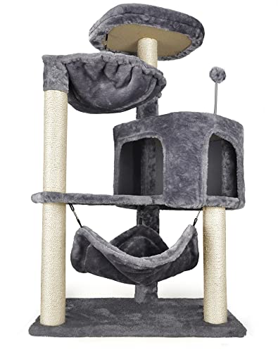 YUNIQUE CAT TREE WITH CAT CONDO AND BIG HAMMOCK - GRAY - Like New