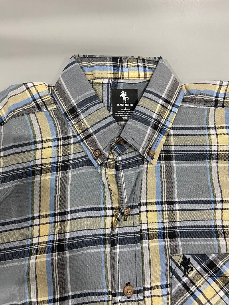 BLACK HORSE MEN'S WOVEN PLAID SHIRT - SMALL - GRAY/BLACK/LIGHT BLUE/YELLOW/WHITE - Brand New