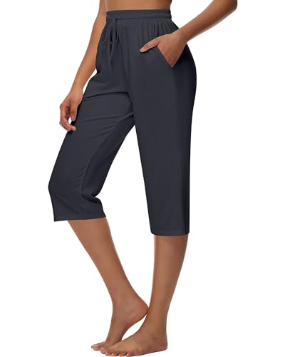 HUUKEAY WOMEN CAPRI SWEATPANTS COZY LOUNGE DRAWSTRING 3PACK BLACK GRAY BROWN L - Brand New