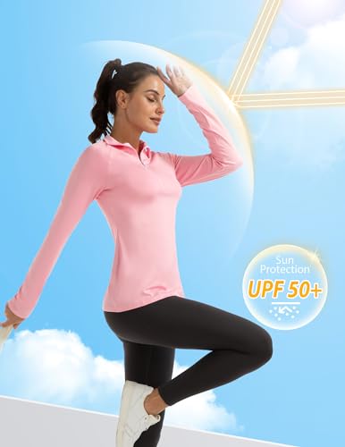 Fkeep Women's Polo Shirts Long Sleeve UPF 50+ Workout Tops V Neck Coral Pink XL - Brand New