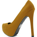 Qupid Women's Marquise06 Mustard Velvet Almond Toe Platform Stiletto Pump 7.0 - Like New