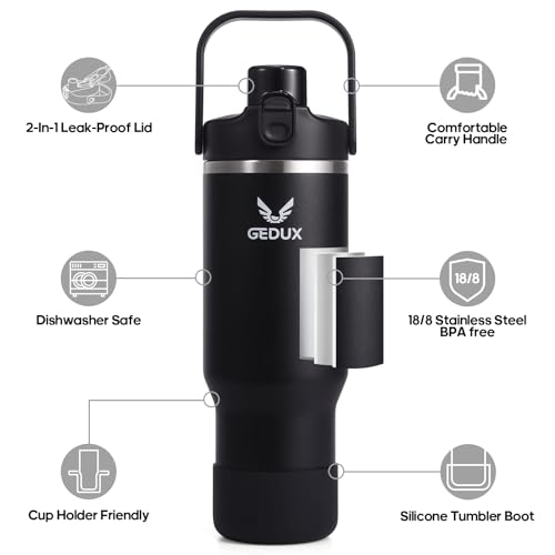 GEDUX 32 OZ STAINLESS STEEL TUMBLER WITH HANDLE AND STRAW,INSULATED-BLACK - Like New