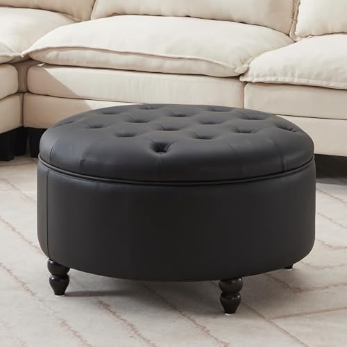 IMMULIZE 30" Ottoman Modern Button Circle Storage Coffee PU Leather - BLACK - Like New