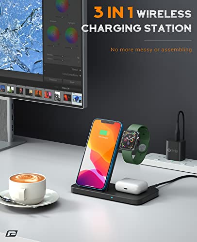 PAUCHY 3 In 1 Fast Wireless Charging Station Qi Wireless Charger W315 - BLACK Like New