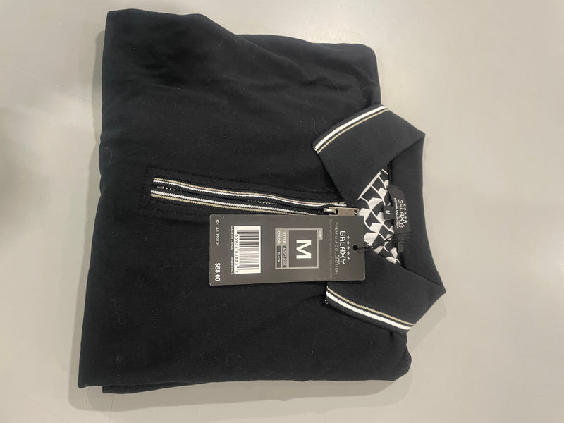 GALAXY BY HARVIC MEN’S MODERN FIT POLO SHIRT WITH ZIP PLACKET, SIZE: M - BLACK - Brand New