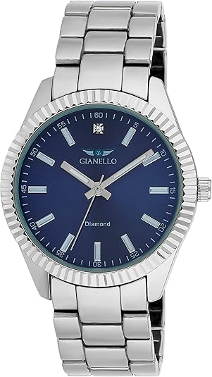 Gianello Men's 40mm Diamond Dial Fluted Bezel Link Watch Carat Size 1/10 -Silver Like New