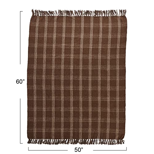 Creative Co-Op Recycled Cotton Blend Throw Blanket with Fringe, Brown Plaid - Like New