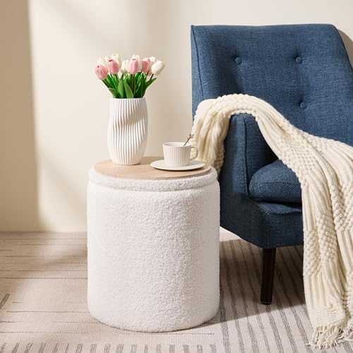 Round Boucle Upholstered Ottoman with Storage Set of 2 Vanity Stool Foot Rest - Like New