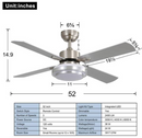 FINXIN 52" INTEGRATED LED CEILING FAN 4-BLADES REMOTE CONTROL - BRUSHED NICKEL - Brand New