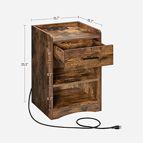 VASAGLE NIGHTSTAND CHARGING STATION BED RUSTIC BROWN LET611T01 - RUSTIC BROWN - Like New