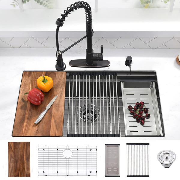 WXOH888 32" Black Undermount Kitchen Sink Double Ledges Workstation - Black - Like New