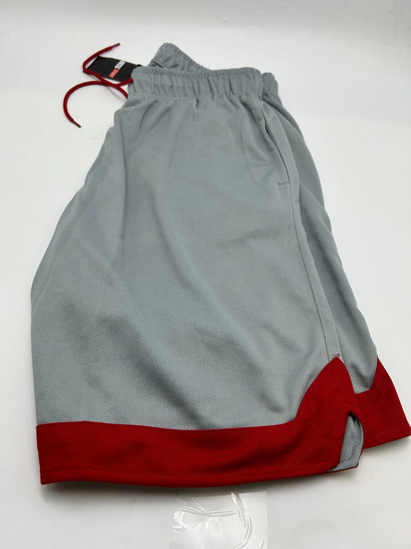 JUMP START MEN'S LIGHTWEIGHT MOISTURE WICKING MESH SHORTS - SIZE: L - SLIVER/RED - Brand New