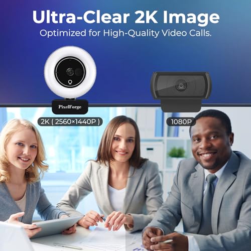 2K Webcam for PC with Microphone & Light & Privacy Cover - Black/White - Like New