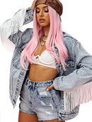 Eliacher Women's Boyfriend Denim Jacket Long Sleeve Coats (L, Fringe Trim) - Like New