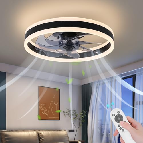 AHAWILL 15.7" MODERN CEILING FAN WITH LIGHTS, FLUSH MOUNT, REMOTE - BLACK - Like New