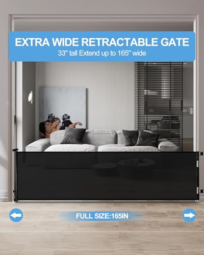 KISKIZ 165 INCH RETRACTABLE GATE,MESH BABY,EXTRA LONG DOG GATE - BLACK - Like New