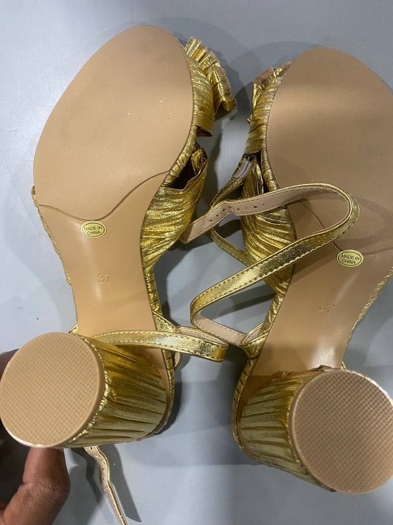 MICIFA WOMEN'S BOW KNOT ANKLE STRAP OPEN TOE HIGH BLOCK SANDAL - GOLD - Like New