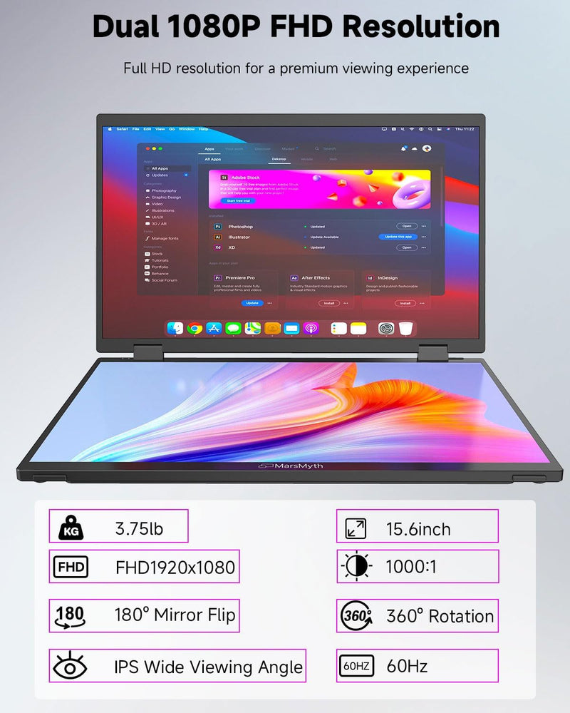 MarsMyth V2 Dual Portable Monitor, 15.6" Full HD (1920 x 1080) Monitor - Black Like New
