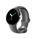 GOOGLE PIXEL WATCH LTE POLISHED SILVER STAINLESS CHARCOAL ACTIVE BAND - Like New