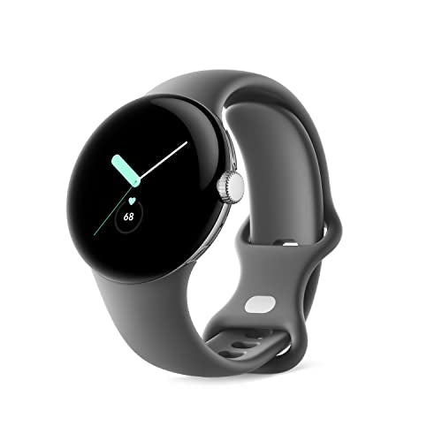 GOOGLE PIXEL WATCH LTE POLISHED SILVER STAINLESS CHARCOAL ACTIVE BAND - Like New