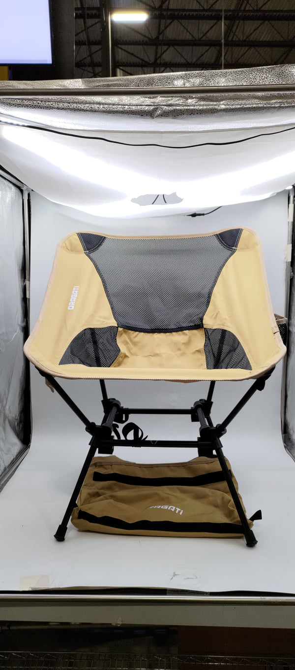 ORAGATI ERGONOMIC FOLD-OUT CAMPING CHAIR WITH ADJUSTABLE HEIGHT - KHAKI - Like New