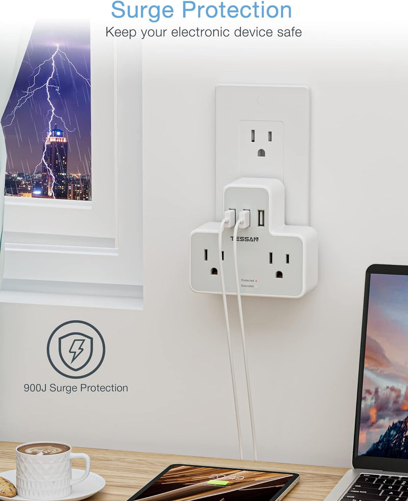 TESSAN Double Outlet Plug Splitter with 3 USB TS-169-US - WHITE Like New