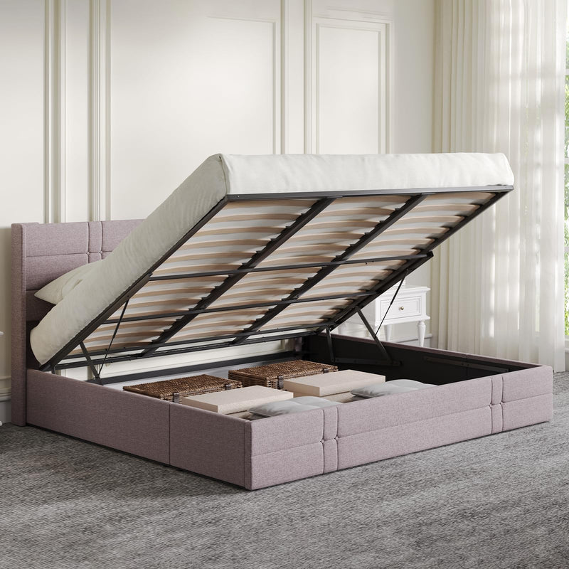 NOVILLA KING SIZE LIFT UP STORAGE BED FABRIC HEADBOARD HYDRAULIC STORAGE - BEIGE - Like New