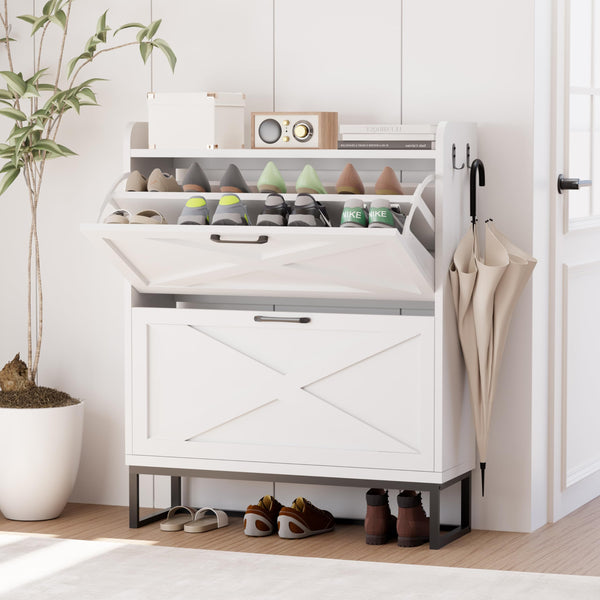 Narrow Shoe Cabinet Organizer with 2 Flip Drawers, Metal Legs - White - Like New