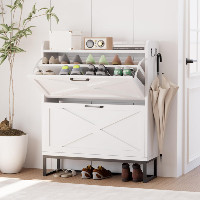 Narrow Shoe Cabinet Organizer with 2 Flip Drawers, Metal Legs - White - Like New