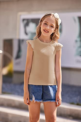 FLYPIGS GIRLS T SHIRTS RUFFLE SLEEVE SUMMER CASUAL RIBBED 5-6Y WOMEN 120 - BEIGE - Brand New