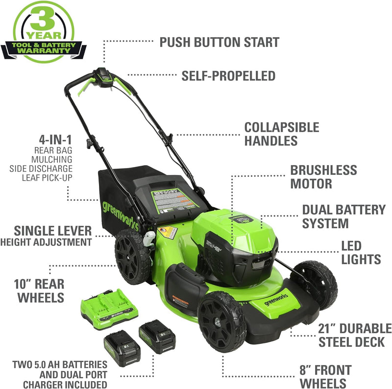 Greenworks 48V 2x24V 21" Brushless Self-Propelled LED Mower MO48L520 - Green Like New