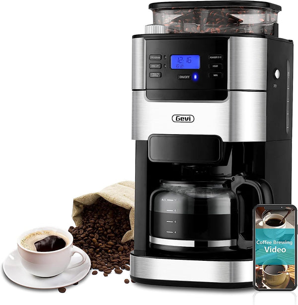 GEVI 10-CUP COFFEE MAKER GRINDER GRIND BREW MACHINE BURR GRINDER COMBO - BLACK - Like New