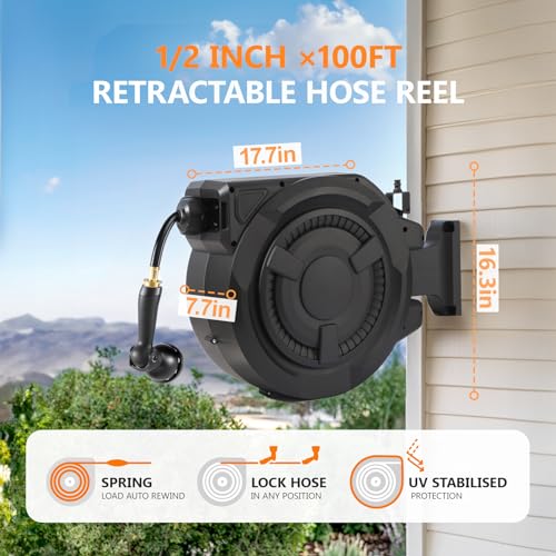 WIKIWIKI RETRACTABLE GARDEN HOSE REEL 1/2 IN X 100 FT WALL MOUNTED - BLACK - Brand New