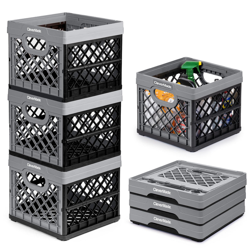 CLEVERMADE COLLAPSIBLE MILK CRATE STONE 3PK 25L 6 GAL STACKABLE STORAGE BINS - Like New