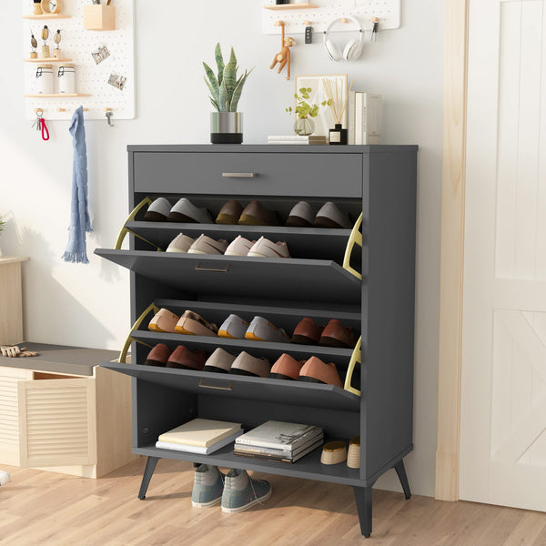 AWQM SHOE CABINET WOODEN FREE STANDING SHOE STORAGE CABINET ENTRYWAY - GREY - Like New