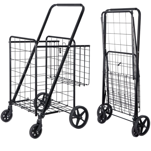 SUPER DEAL FOLDING SHOPPING CART WHEELS DOUBLE BASKET FOR GROCERIES - BLACK - Like New