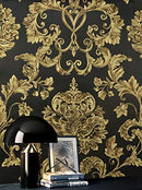 JZ·HOME 90504 Luxury Damask Non-Woven Wallpaper Rolls, Black/Gold - Brand New
