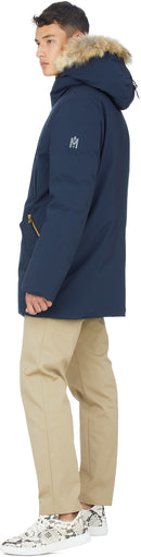 MACKAGE EDWARD-C 2-IN-1 DOWN PARKA, HOODED BIB, NATURAL FUR - SIZE 44 - NAVY - Like New