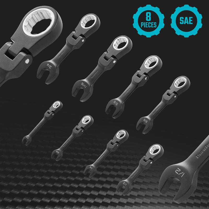 DURATECH Stubby Flex-head Ratcheting Combination Wrench Set, 8-piece - Black - Like New