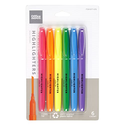 OFFICE DEPOT 100% RECYCLED PEN-STYLE HIGHLIGHTERS ASSORTED PACK OF 6 - MULTI - Brand New