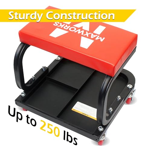 MAXWORKS MECHANICS ROLLER SEAT, 250 LBS CAPACITY PADDED ROLLING - RED/BLACK - Brand New