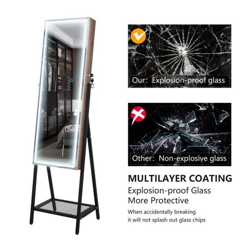 N/A JEWELRY ARMOIRE MIRROR FREE STANDING WITH LED LIGHT - NATURAL WOOD - Like New