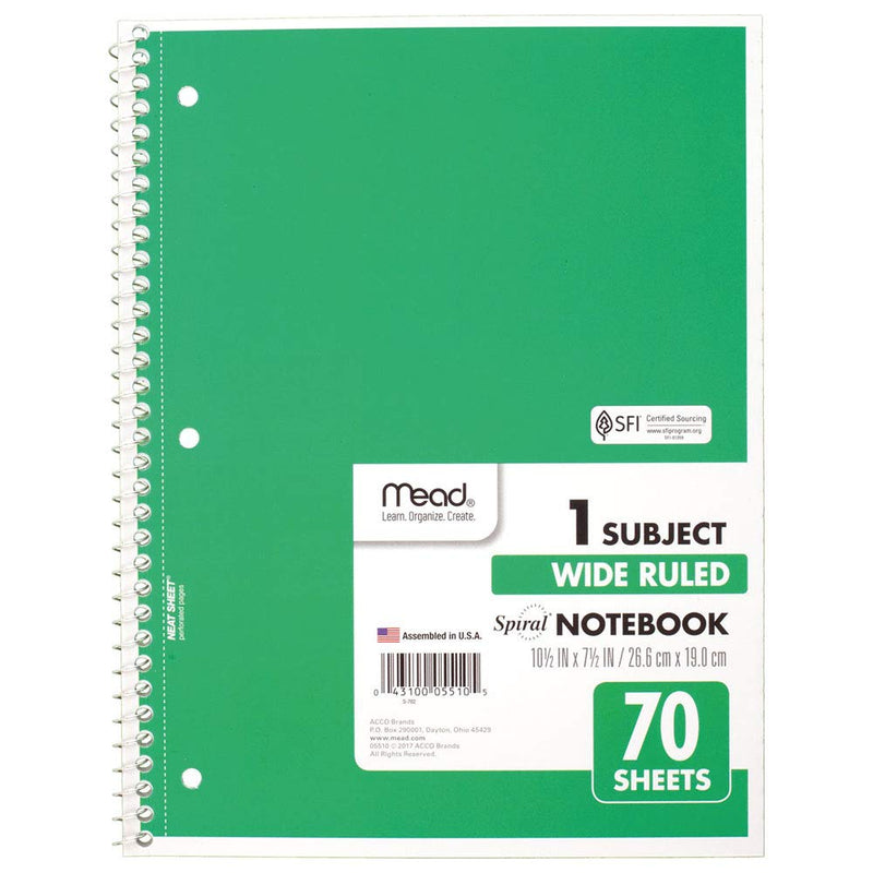 MEAD SPIRAL NOTEBOOK, 1 SUBJECT, WIDE RULED PAPER, 70 SHEETS (05510AC5) - GREEN - Brand New