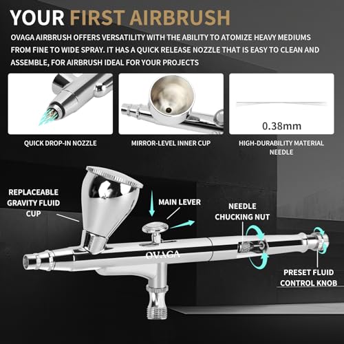 OVAGA AIRBRUSH KIT AIRBRUSH GUN DUAL-ACTION GRAVITY 1/4 OZ CUP - SILVER - Like New